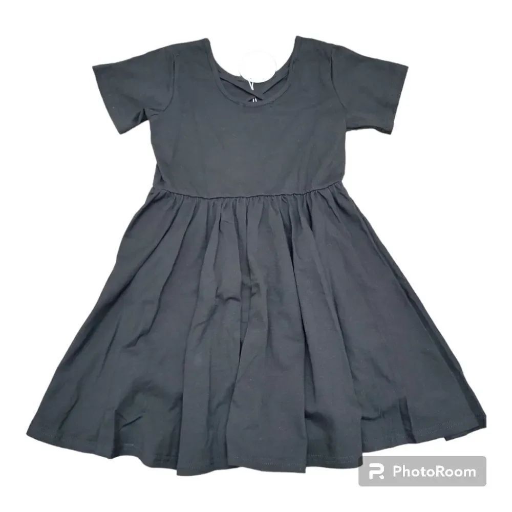 Arshiner Solid Black Dress Short Sleeve A-line Cross Back Size 120